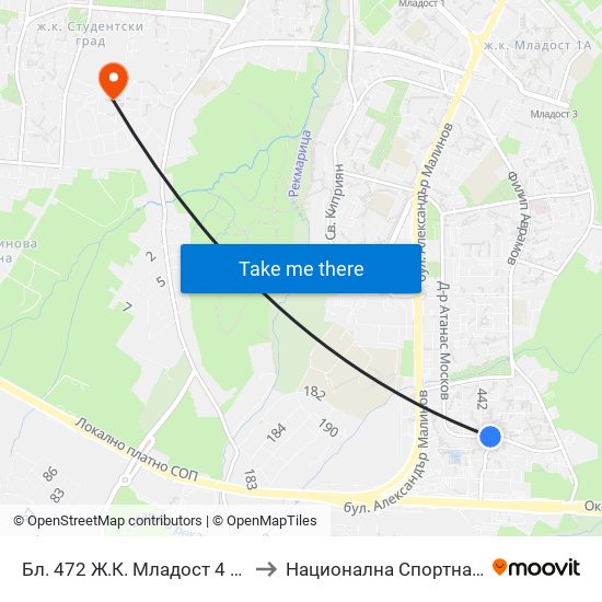 Бл. 472 Ж.К. Младост 4 / Bl. 472, Mladost 4 Qr. (2392) to Национална Спортна Академия Васил Левски map