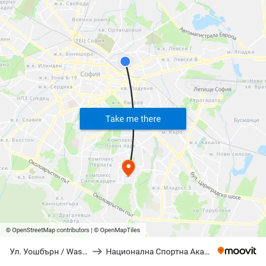 Ул. Уошбърн / Washburn St. (2222) to Национална Спортна Академия Васил Левски map