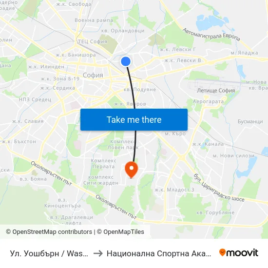Ул. Уошбърн / Washburn St. (2223) to Национална Спортна Академия Васил Левски map