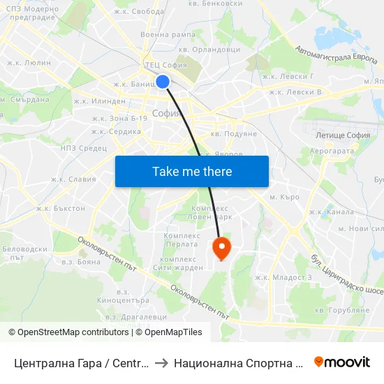 Ⓜ️ Централна Гара / Central Railway Station (1332) to Национална Спортна Академия Васил Левски map