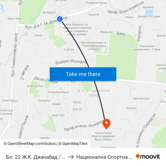 Бл. 22 Ж.К. Дианабад / Bl. 22, Dianabad Qr. (0124) to Национална Спортна Академия Васил Левски map