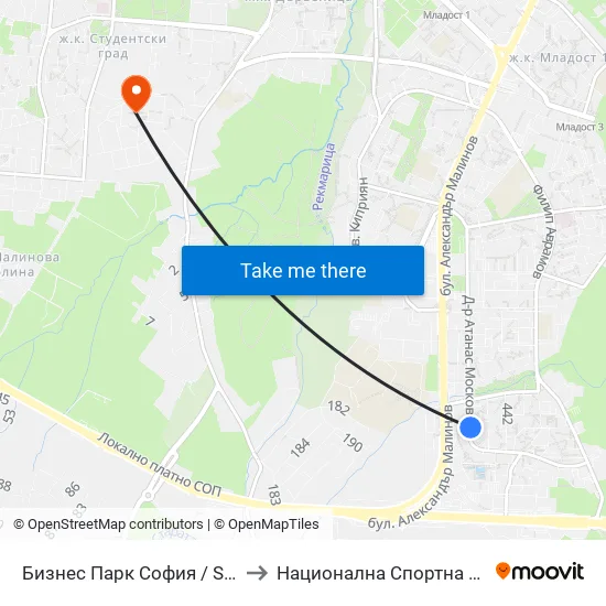 Бизнес Парк София / Sofia Business Park (2390) to Национална Спортна Академия Васил Левски map