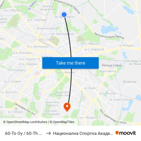 60-То Оу / 60-Th School (0040) to Национална Спортна Академия Васил Левски map