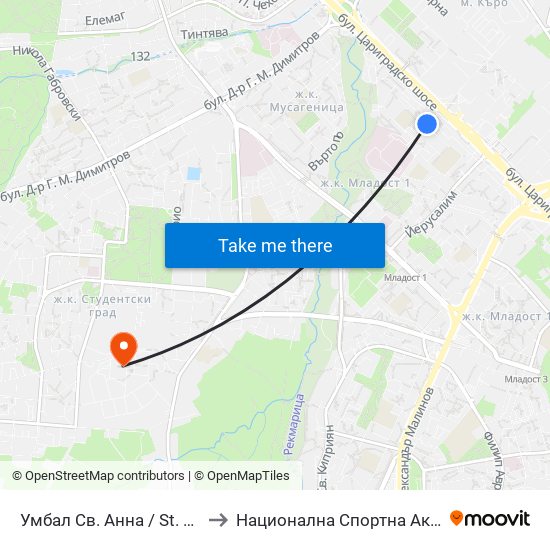 Умбал Св. Анна / St. Anna Hospital (1195) to Национална Спортна Академия Васил Левски map