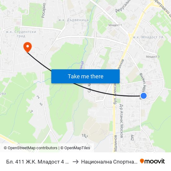 Бл. 411 Ж.К. Младост 4 / Bl. 411, Mladost 4 Qr. (0004) to Национална Спортна Академия Васил Левски map