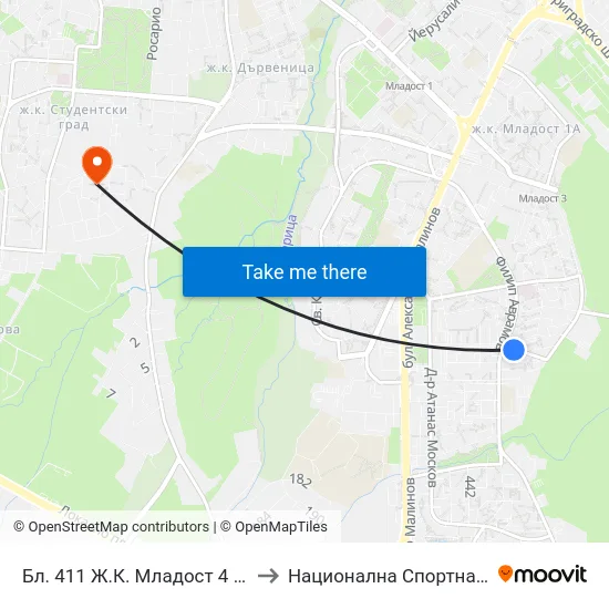 Бл. 411 Ж.К. Младост 4 / Bl. 411, Mladost 4 Qr. (0005) to Национална Спортна Академия Васил Левски map