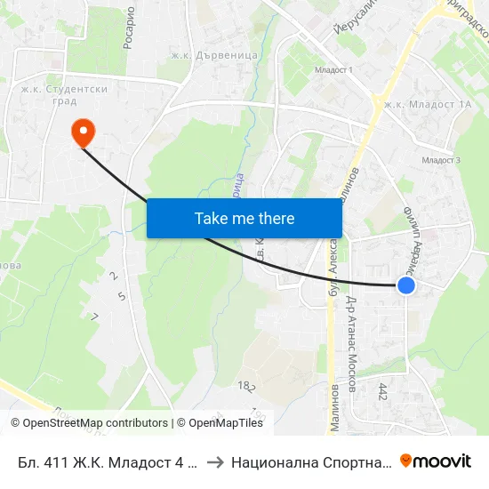 Бл. 411 Ж.К. Младост 4 / Bl. 411, Mladost 4 Qr. (0003) to Национална Спортна Академия Васил Левски map
