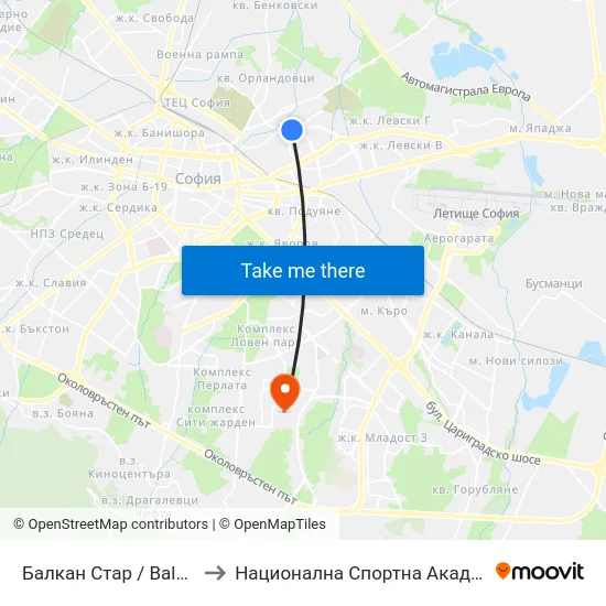 Балкан Стар / Balkan Star (1599) to Национална Спортна Академия Васил Левски map