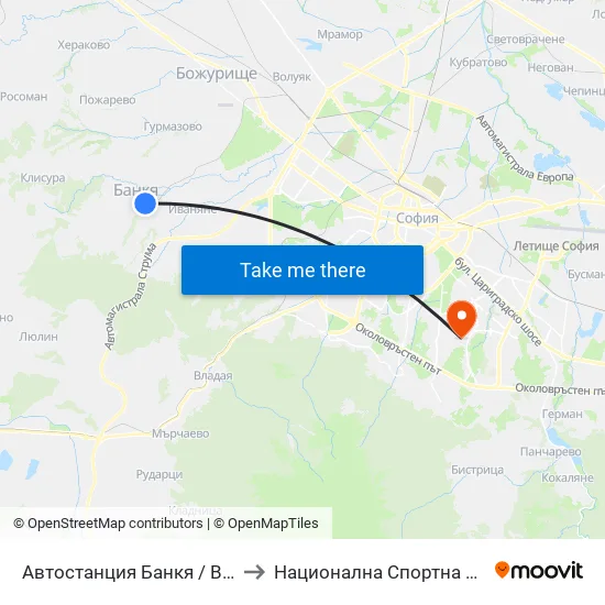🚌 Автостанция Банкя / Bankya Bus Station (0051) to Национална Спортна Академия Васил Левски map