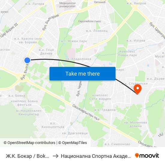 Ж.К. Бокар / Bokar Qr. (2688) to Национална Спортна Академия Васил Левски map