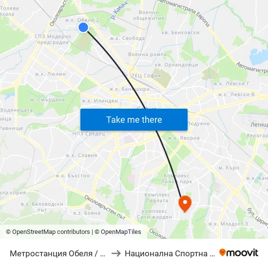 Ⓜ️ Метростанция Обеля / Obelya Metro Station (0060) to Национална Спортна Академия Васил Левски map