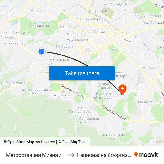 Метростанция Мизия / Moesia Metro Station (0361) to Национална Спортна Академия Васил Левски map