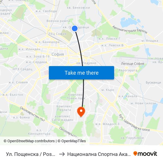 Ул. Пощенска / Poshtenska St. (0046) to Национална Спортна Академия Васил Левски map