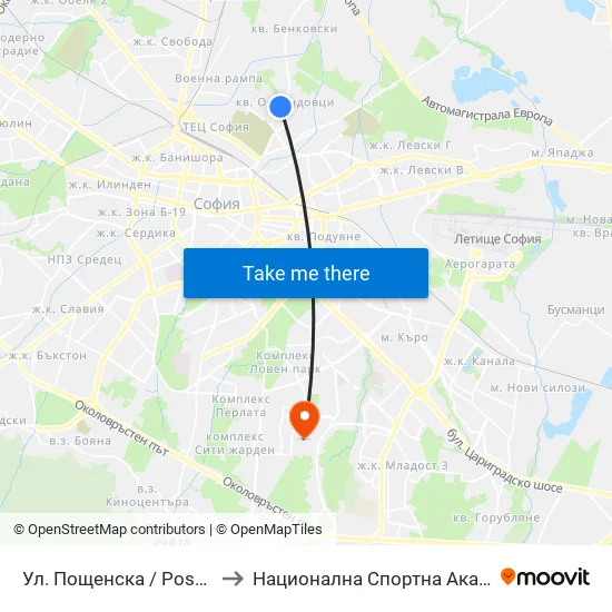 Ул. Пощенска / Poshtenska St. (0046) to Национална Спортна Академия Васил Левски map
