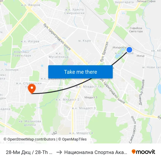 28-Ми Дкц / 28-Th Polyclinic (0027) to Национална Спортна Академия Васил Левски map
