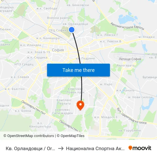 Кв. Орландовци / Orlandovtsi Qr. (0885) to Национална Спортна Академия Васил Левски map