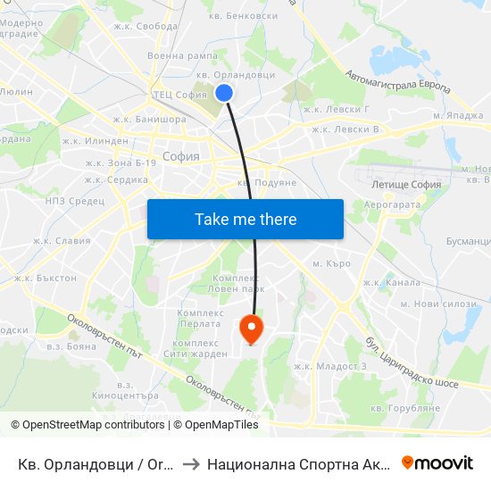 Кв. Орландовци / Orlandovtsi Qr. (0886) to Национална Спортна Академия Васил Левски map