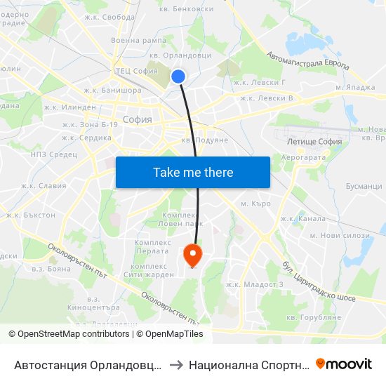 Автостанция Орландовци / Orlandovtsi Bus Station (0062) to Национална Спортна Академия Васил Левски map