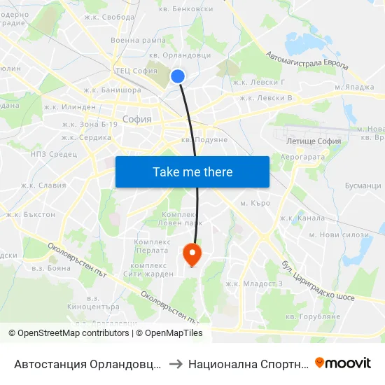 🚌 Автостанция Орландовци / Orlandovtsi Bus Station (0062) to Национална Спортна Академия Васил Левски map
