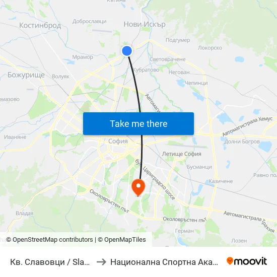 Кв. Славовци / Slavovtsi Qr. (0904) to Национална Спортна Академия Васил Левски map