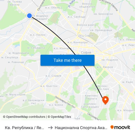 Кв. Република / Republika Qr. (0894) to Национална Спортна Академия Васил Левски map