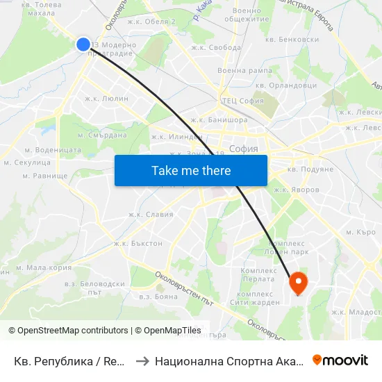 Кв. Република / Republika Qr. (0894) to Национална Спортна Академия Васил Левски map