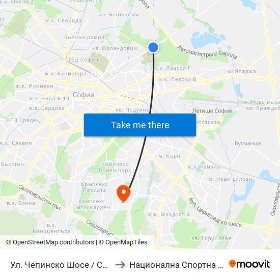 Ул. Чепинско Шосе / Chepinsko Shosse St. (0921) to Национална Спортна Академия Васил Левски map