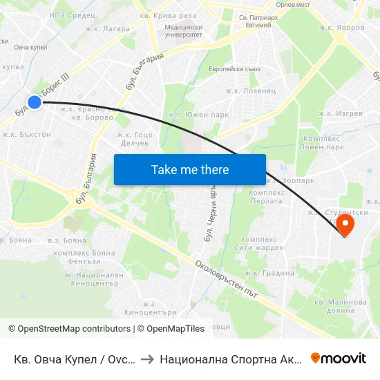 Кв. Овча Купел / Ovcha Kupel Qr. (0880) to Национална Спортна Академия Васил Левски map