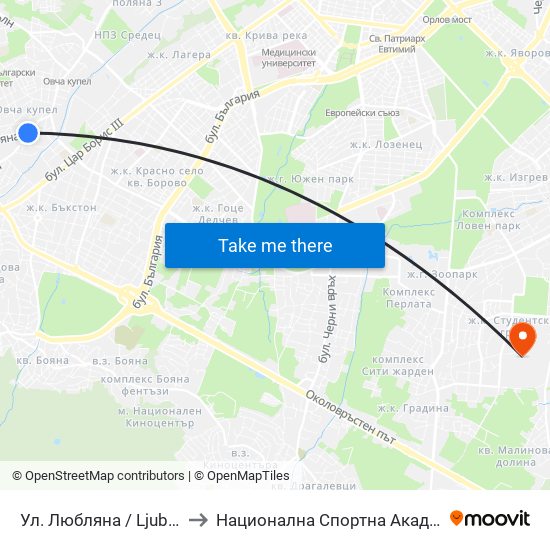 Ул. Любляна / Ljubljana St. (0900) to Национална Спортна Академия Васил Левски map
