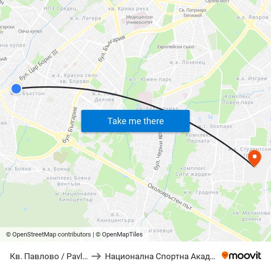 Кв. Павлово / Pavlovo Qr. (0890) to Национална Спортна Академия Васил Левски map