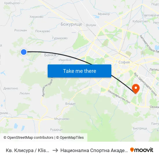 Кв. Клисура / Klisura Qr. (0850) to Национална Спортна Академия Васил Левски map