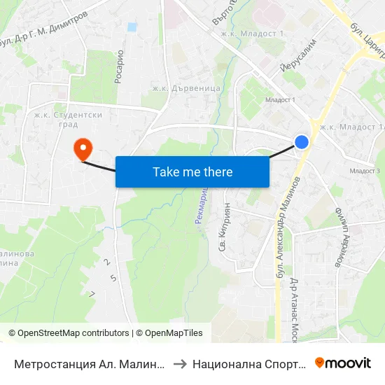 Ⓜ️ Метростанция Ал. Малинов / Al. Malinov Metro Station (0233) to Национална Спортна Академия Васил Левски map