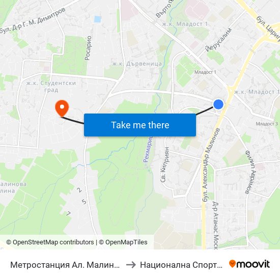Метростанция Ал. Малинов / Al. Malinov Metro Station (0234) to Национална Спортна Академия Васил Левски map