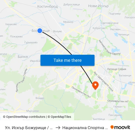 Ул. Искър Божурище / Iskar St. Bozhurishte(2604) to Национална Спортна Академия Васил Левски map