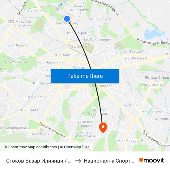 Стоков Базар Илиянци / Iliyantsi Commodity Market (0485) to Национална Спортна Академия Васил Левски map