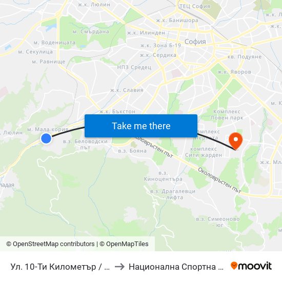 Ул. 10-Ти Километър / 10-Ti Kilometar St. (0522) to Национална Спортна Академия Васил Левски map