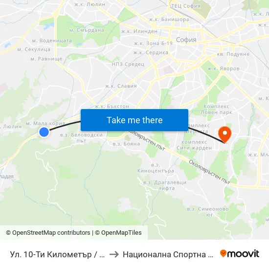 Ул. 10-Ти Километър / 10-Ti Kilometar St. (0522) to Национална Спортна Академия Васил Левски map