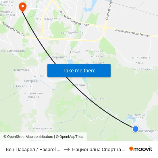 👋 Вец Пасарел / Pasarel Hydroelectric Plant (0421) to Национална Спортна Академия Васил Левски map