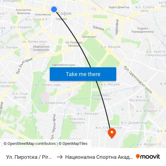 Ул. Пиротска / Pirotska St. (2112) to Национална Спортна Академия Васил Левски map