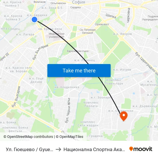 Ул. Гюешево / Gyueshevo St. (1158) to Национална Спортна Академия Васил Левски map