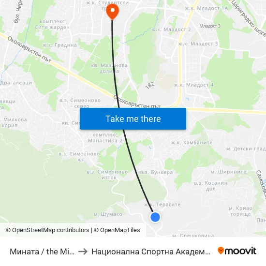 Мината / the Mine (1067) to Национална Спортна Академия Васил Левски map
