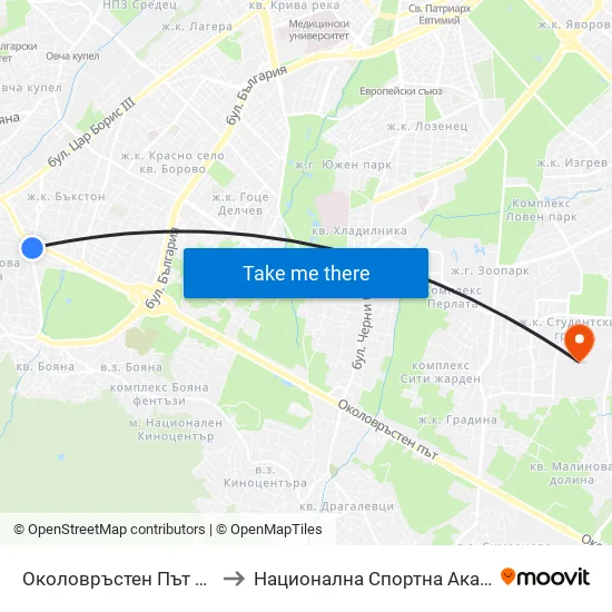 Околовръстен Път / Ring Road (1179) to Национална Спортна Академия Васил Левски map