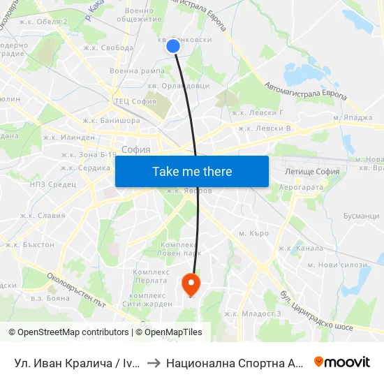 Ул. Иван Кралича / Ivan Kralicha St. (1952) to Национална Спортна Академия Васил Левски map