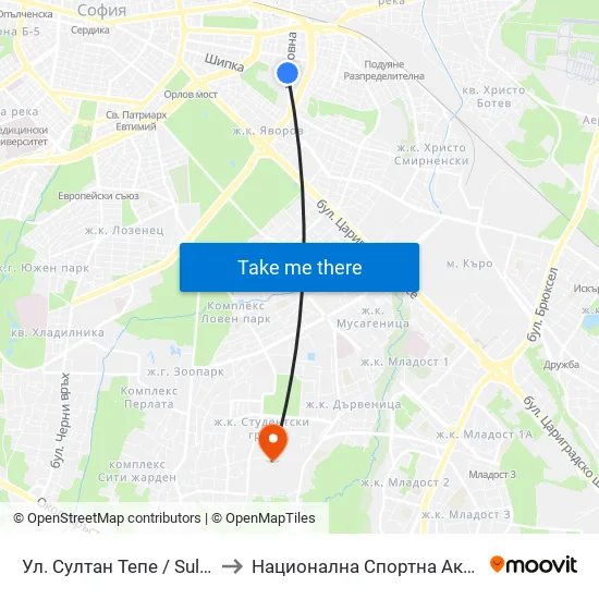 Ул. Султан Тепе / Sultan Tepe St. (2195) to Национална Спортна Академия Васил Левски map