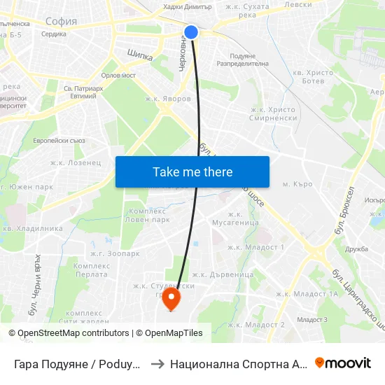 Гара Подуяне / Poduyane Train Station (0470) to Национална Спортна Академия Васил Левски map