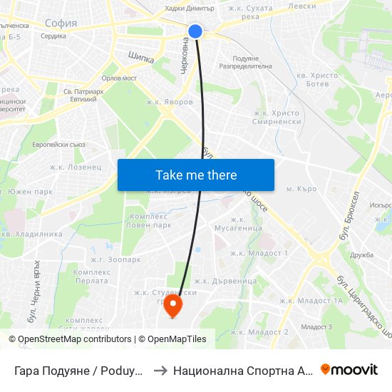 Гара Подуяне / Poduyane Train Station (0467) to Национална Спортна Академия Васил Левски map