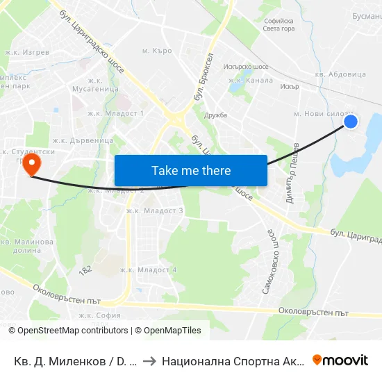 Кв. Д. Миленков / D. Milenkov Qr. (0833) to Национална Спортна Академия Васил Левски map