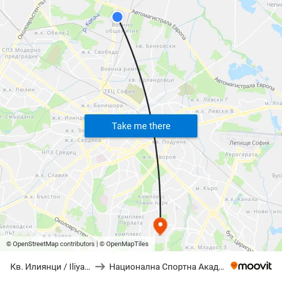Кв. Илиянци / Iliyantsi Qr. (0848) to Национална Спортна Академия Васил Левски map