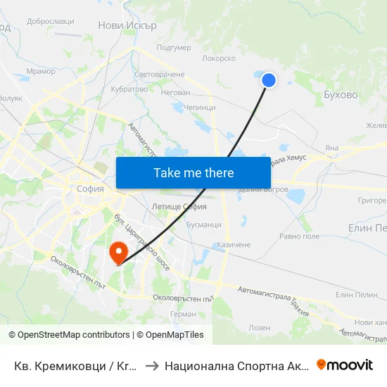 Кв. Кремиковци / Kremikovtsi Qr. (0854) to Национална Спортна Академия Васил Левски map
