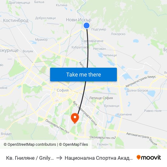 Кв. Гниляне / Gnilyane Qr. (0827) to Национална Спортна Академия Васил Левски map